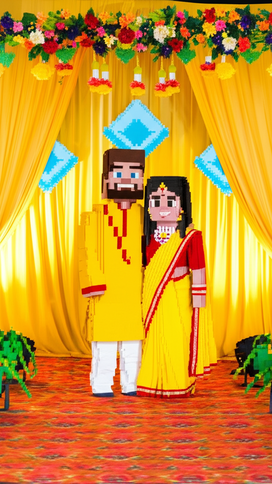 Indian wedding photo turned into Minecraft voxel art